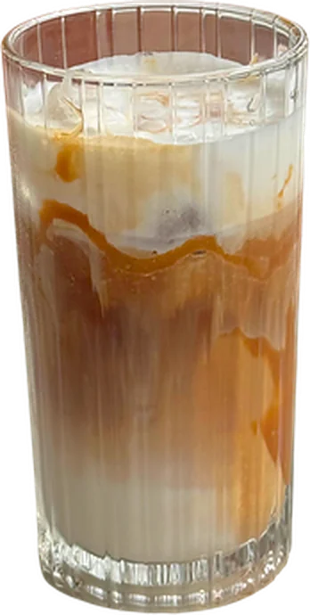 Caramel macchiato in a tall glass