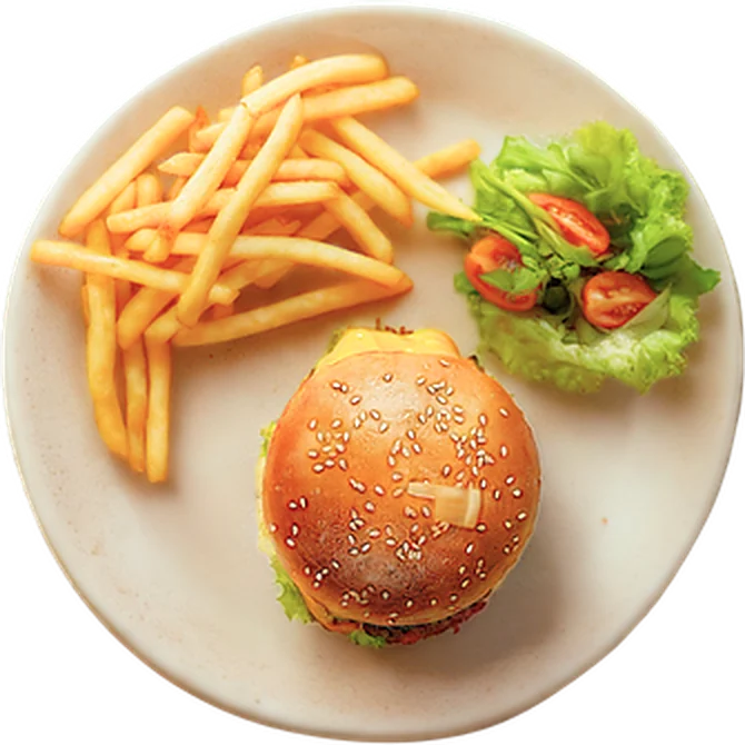 Double cheese burger with fries and salad