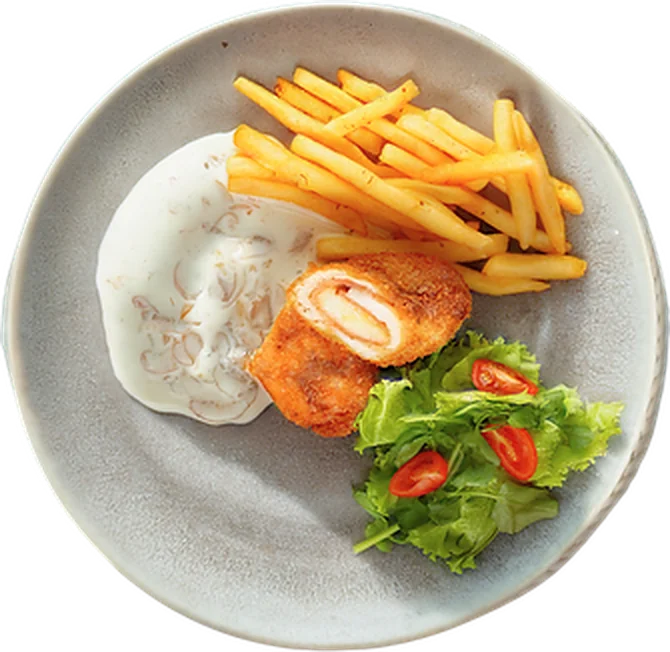 Chicken cordon bleu with fries and mushroom sauce