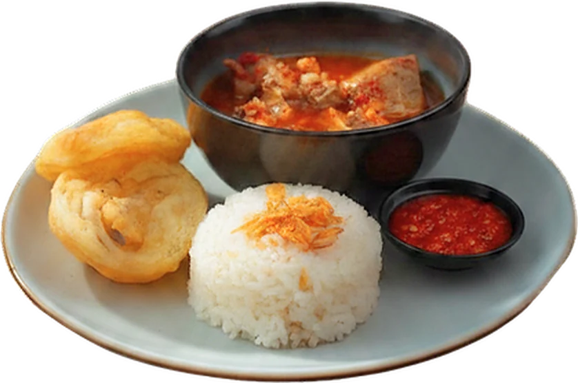 Iga asam pedas: beef rib soup with rice, emping and sambal