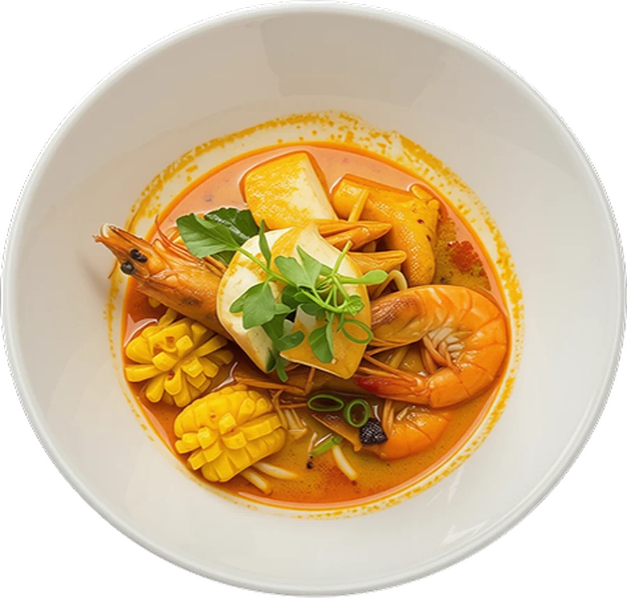 Singaporean laksa with prawns, tofu and corn in a white bowl