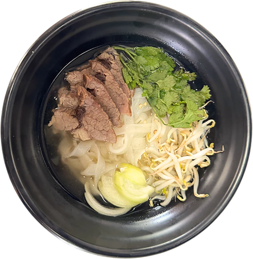 Vietnamese beef pho with brisket slices and bean sprouts