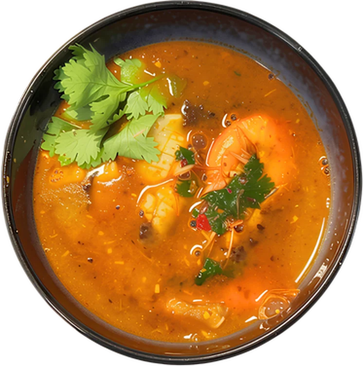 Tomyum talay with prawn and coriander in a dark bowl