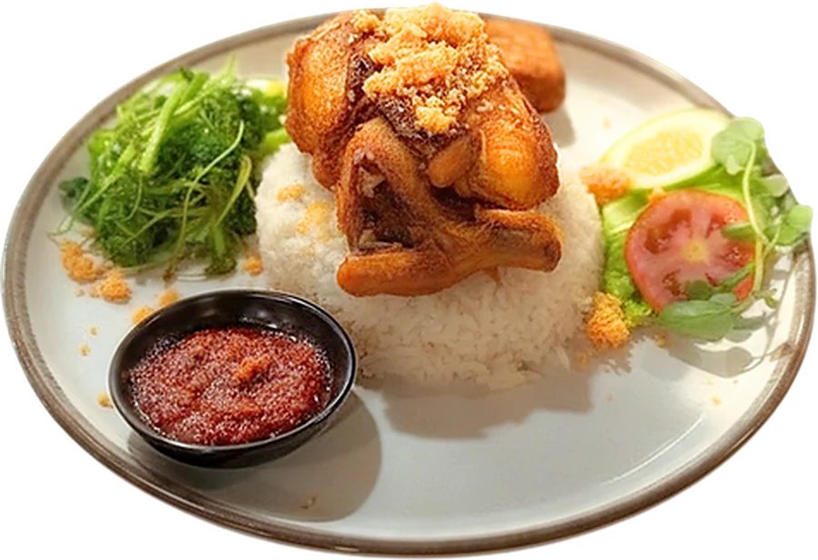 Tropical mix platter: ayam kremes on rice with greens and sambal